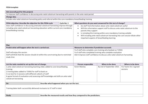 An example of a Plan, Do, Study, Act (PDSA) record (image 1 of 2)